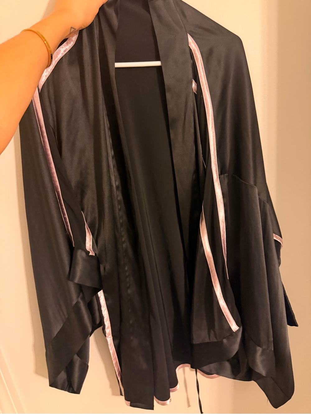 Victoria Secret Black Satin Kimono Robe with Pink Trim
